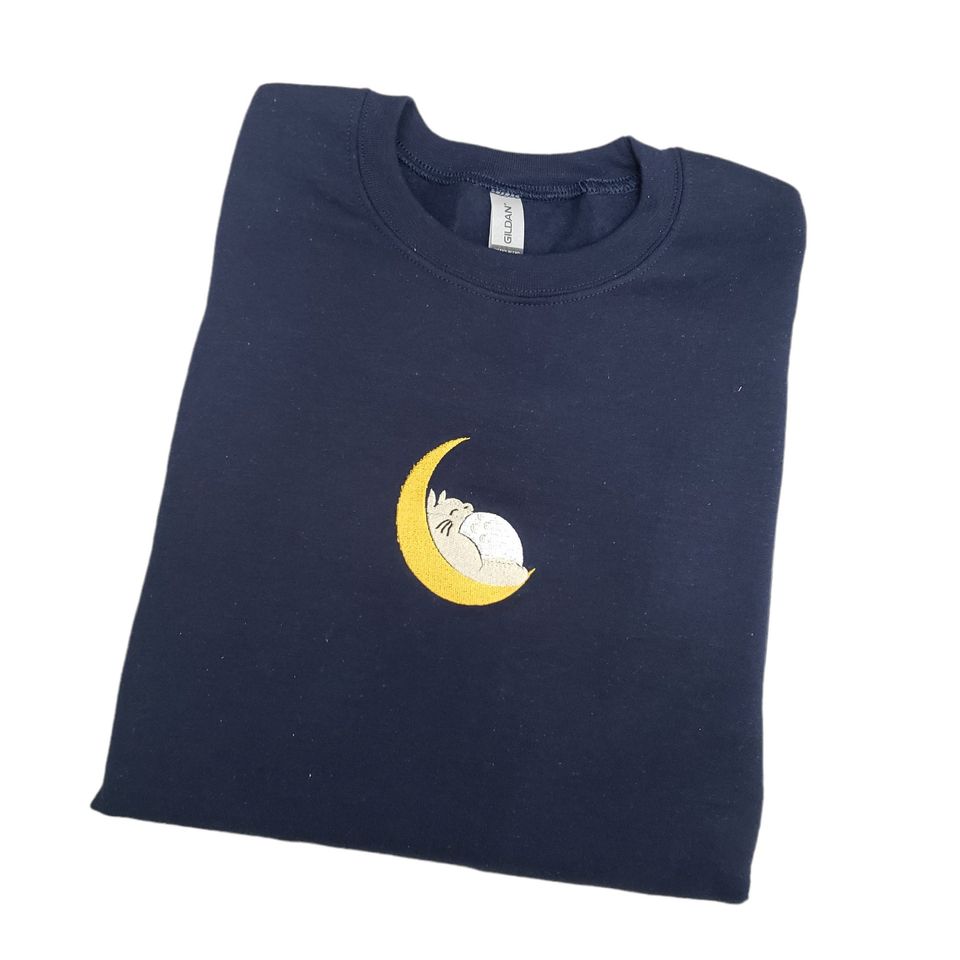 Anime Forest Rabbit Sleeping Moon Embroidered Sweater Navy Blue