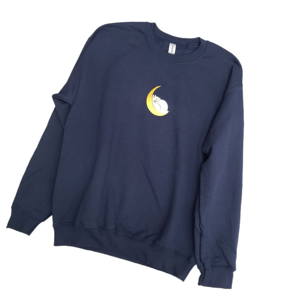 Anime Forest Rabbit Sleeping Moon Embroidered Sweater Navy Blue