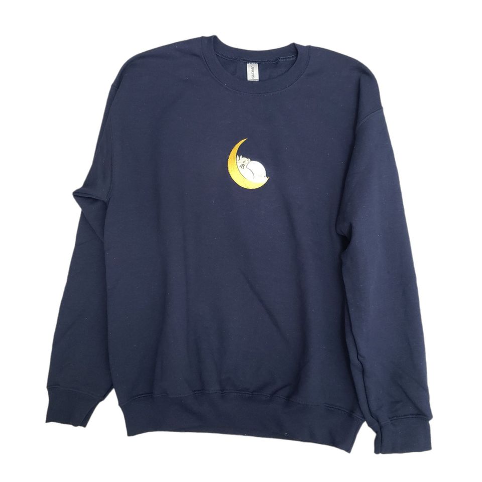 Anime Forest Rabbit Sleeping Moon Embroidered Sweater Navy Blue