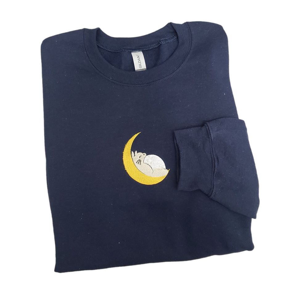 Anime Forest Rabbit Sleeping Moon Embroidered Sweater Navy Blue
