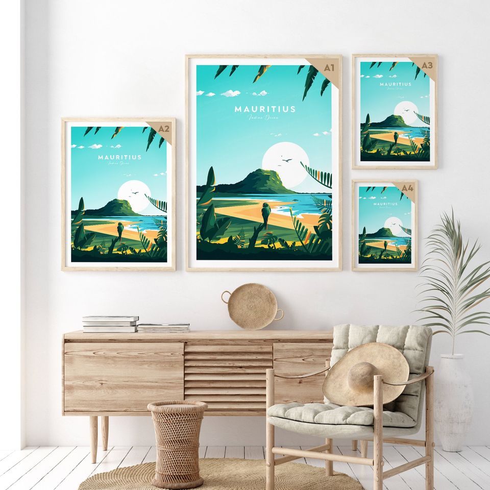 Mauritius traditional travel print, Mauritius poster, Indian Ocean poster, Birthday present, Wedding gift