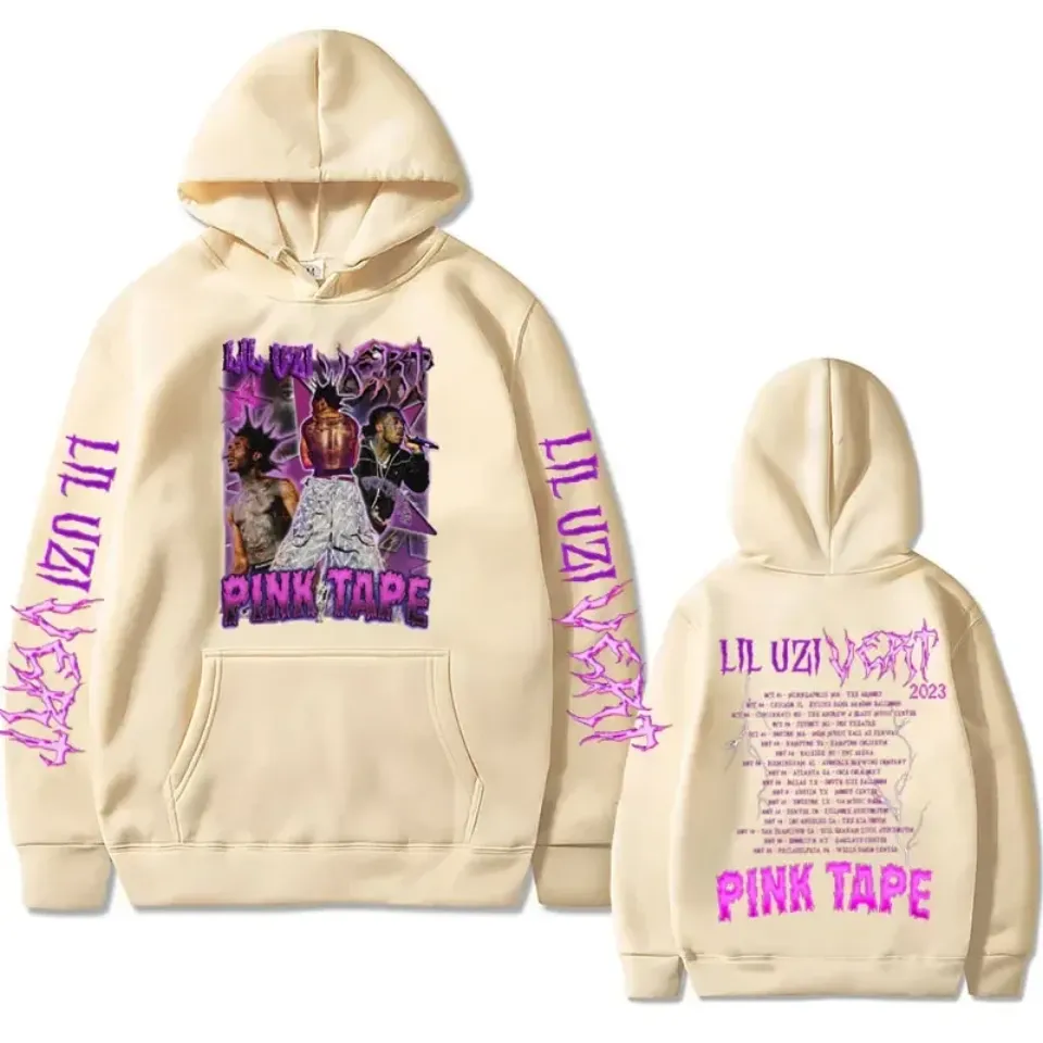 Rapper Lil Uzi Vert Concert Tour Pink Tape Graphic Hoodie Men Women Hip Hop Rock