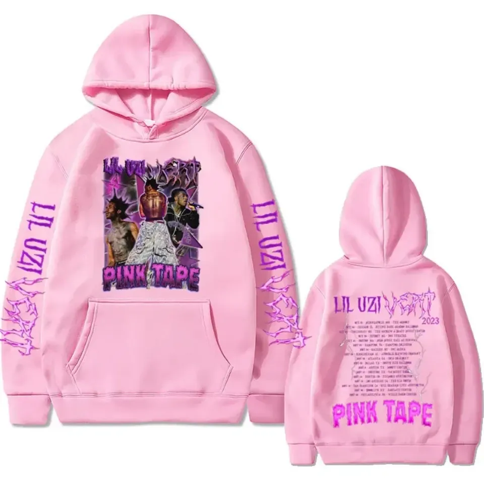 Rapper Lil Uzi Vert Concert Tour Pink Tape Graphic Hoodie Men Women Hip Hop Rock