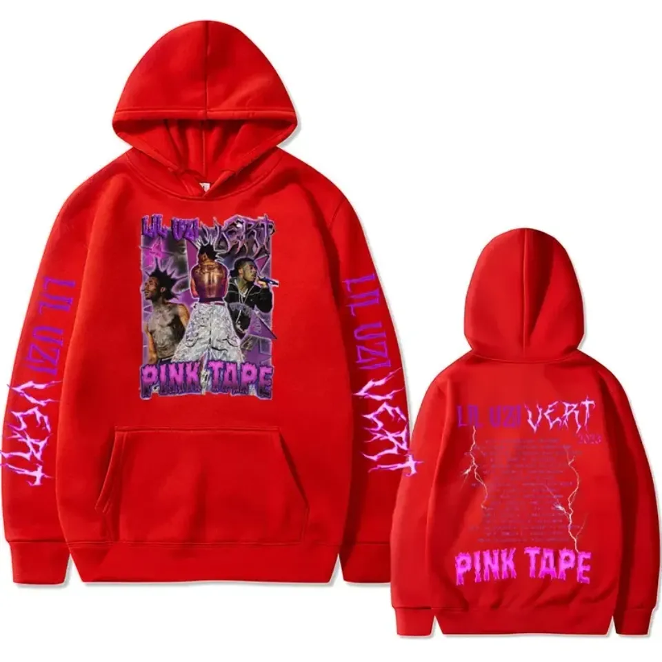 Rapper Lil Uzi Vert Concert Tour Pink Tape Graphic Hoodie Men Women Hip Hop Rock