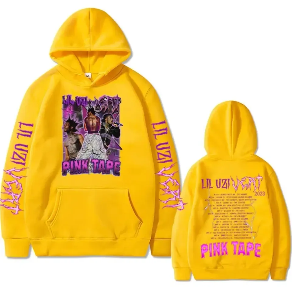 Rapper Lil Uzi Vert Concert Tour Pink Tape Graphic Hoodie Men Women Hip Hop Rock