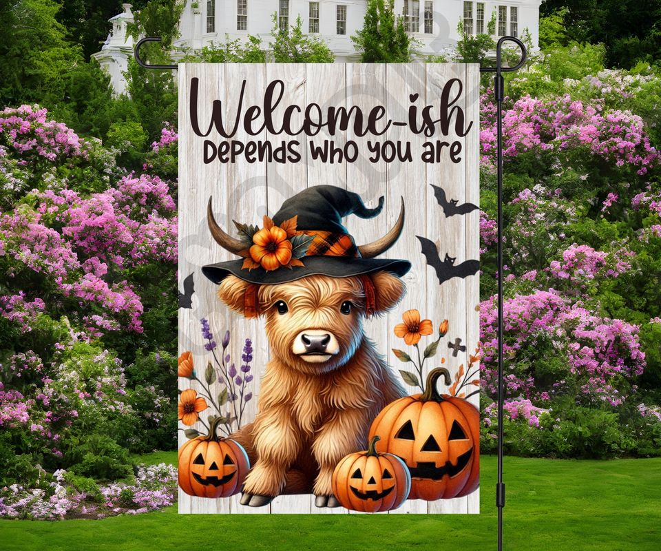 Funny Halloween Highland Cow Garden Flag Sublimation Design