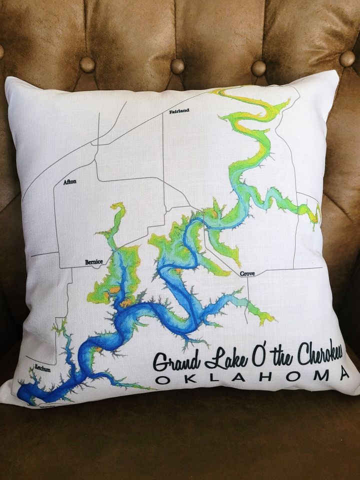 Grand Lake Oklahoma Pillow Cover / O' the Cherokees / Map / Northeast