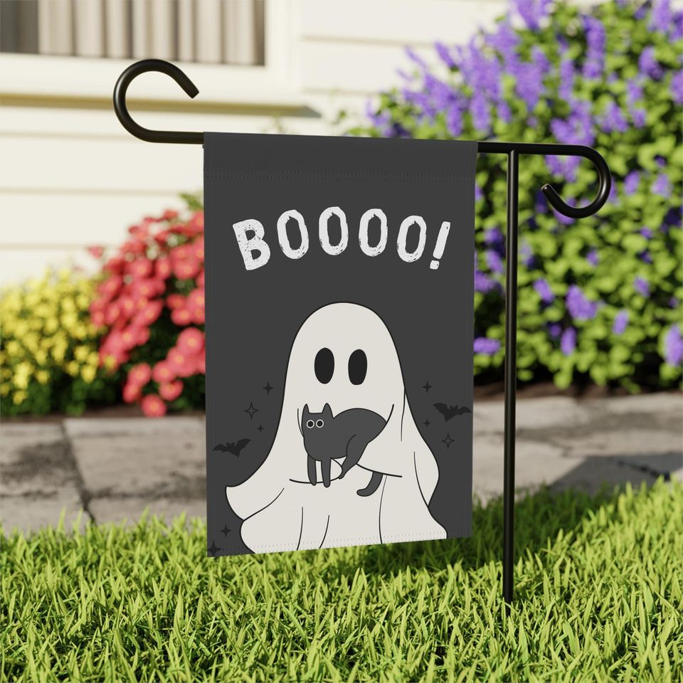 Boo Ghost Holding A Cat Halloween Garden Flag, Halloween Decor