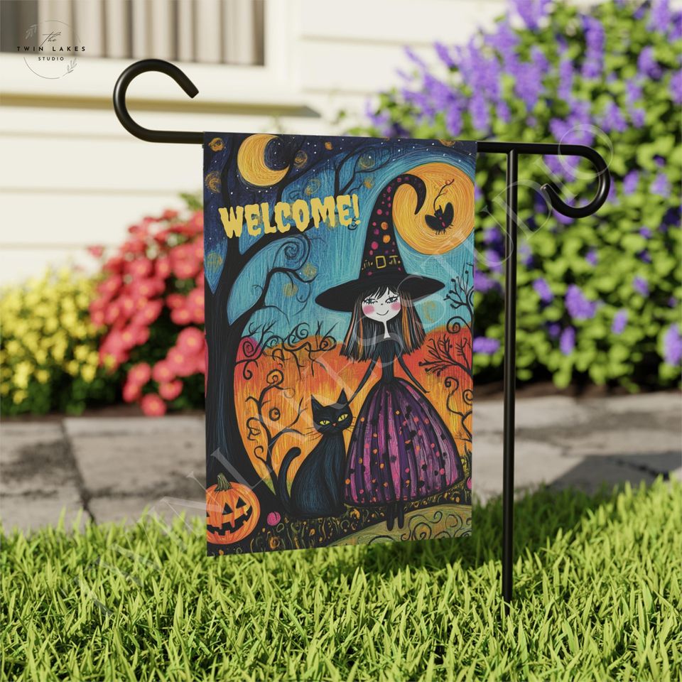 Halloween Garden Flag Design, Halloween Witch and Cat Welcome Garden