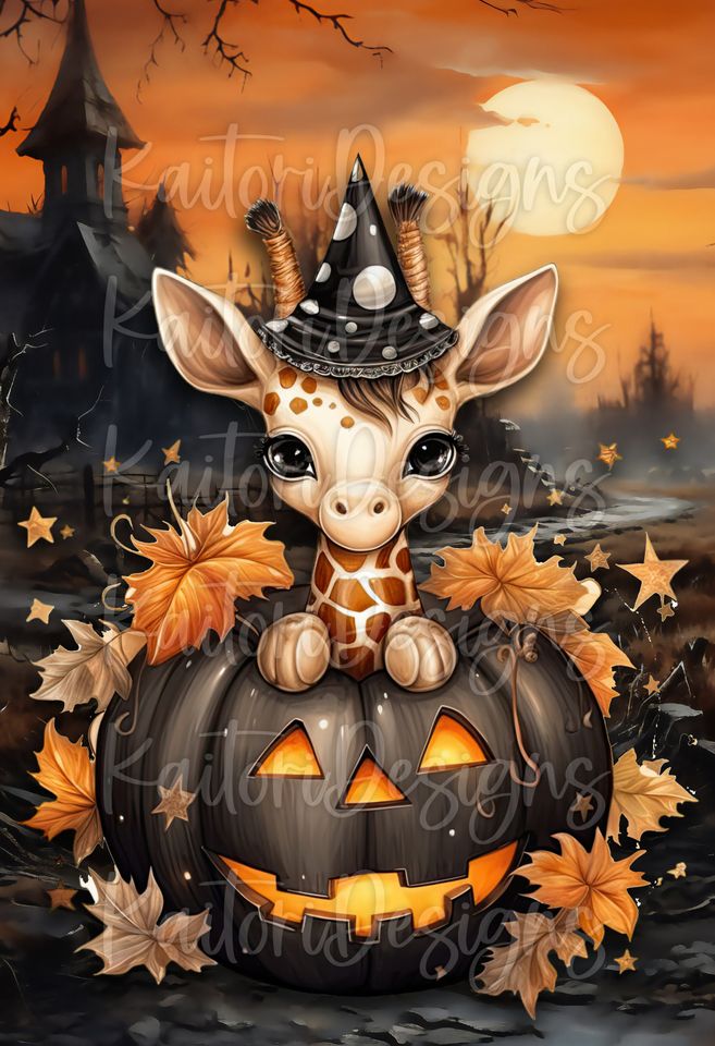 Baby Giraffe in Pumpkin Halloween Garden Flag Sublimation Design