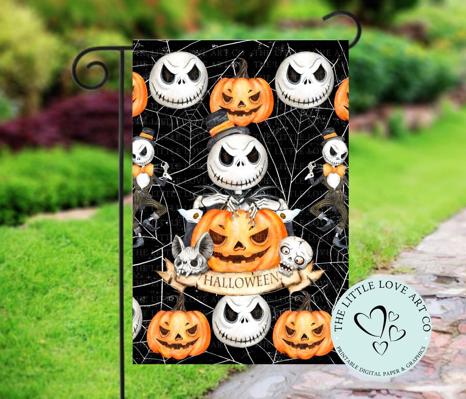 Halloween Skeleton Garden Flag Sublimation Design, Halloween Pumpkin Yard Decor
