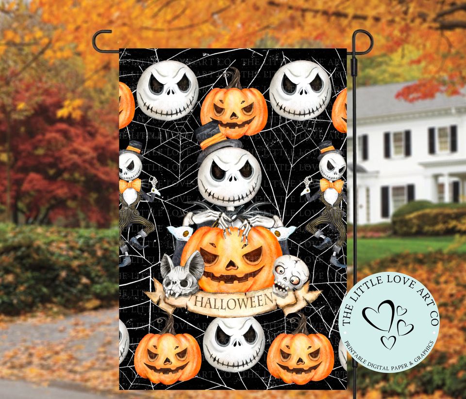 Halloween Skeleton Garden Flag Sublimation Design, Halloween Pumpkin Yard Decor