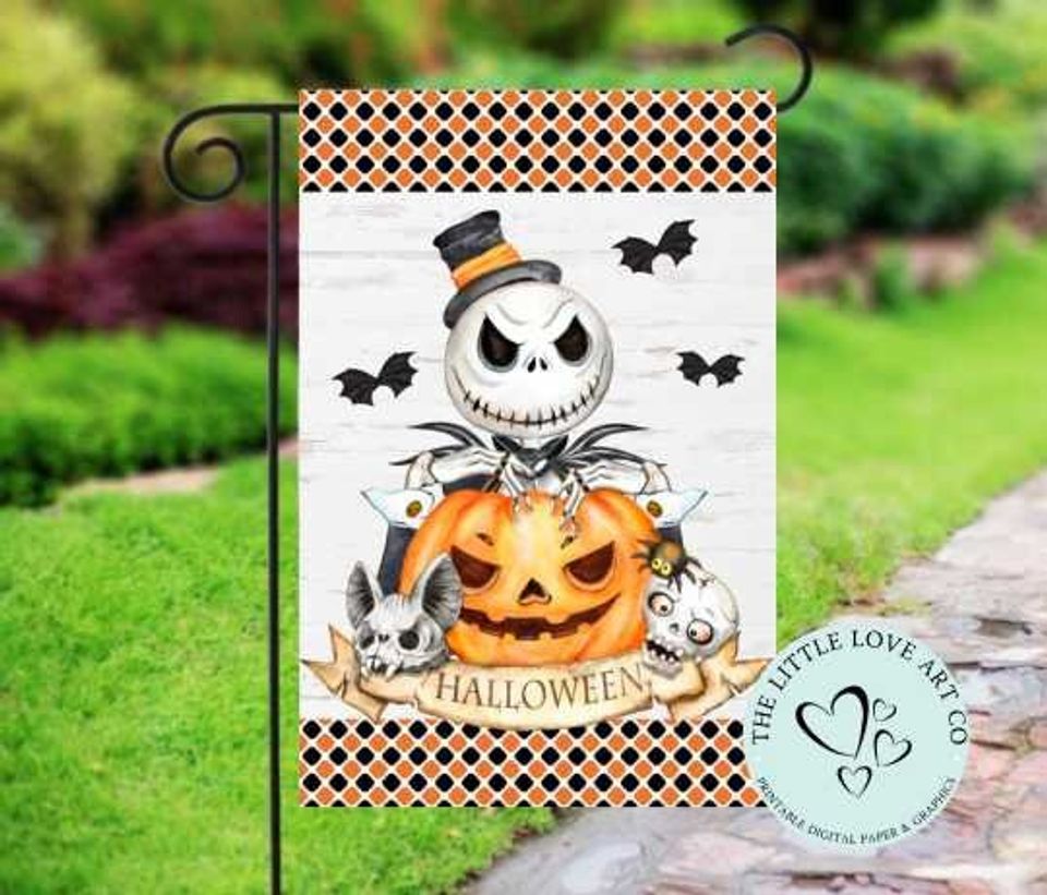 Halloween Skeleton Garden Flag Sublimation Design, Halloween Pumpkin Yard Decor