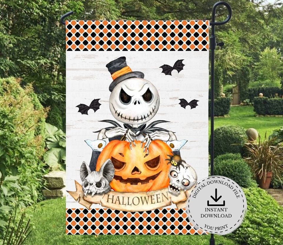 Halloween Skeleton Garden Flag Sublimation Design, Halloween Pumpkin Yard Decor