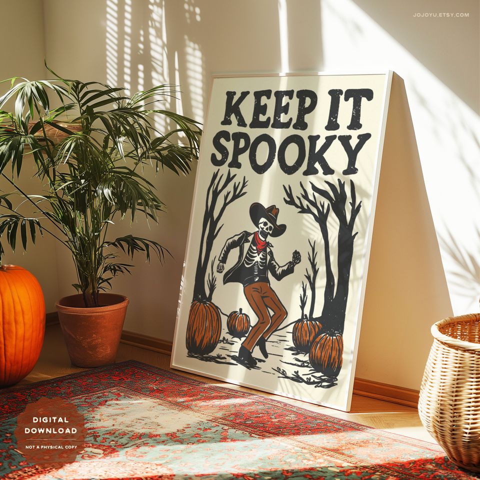 Spooky Dancing Skeleton Cowboy Wall Art Print, Retro Western Halloween Poster