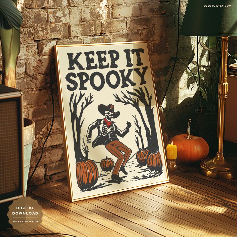 Spooky Dancing Skeleton Cowboy Wall Art Print, Retro Western Halloween Poster