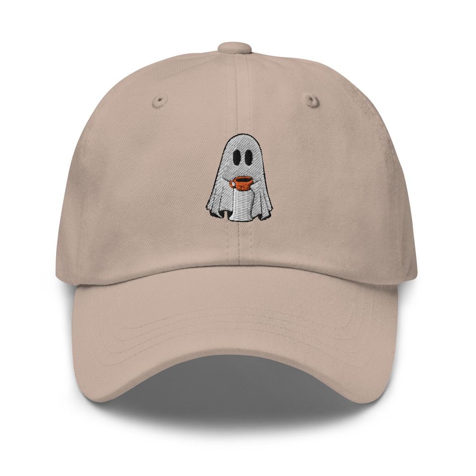 Ghost with Coffee Embroidered Adjustable Relaxed Fit Hat, Ghost Hat