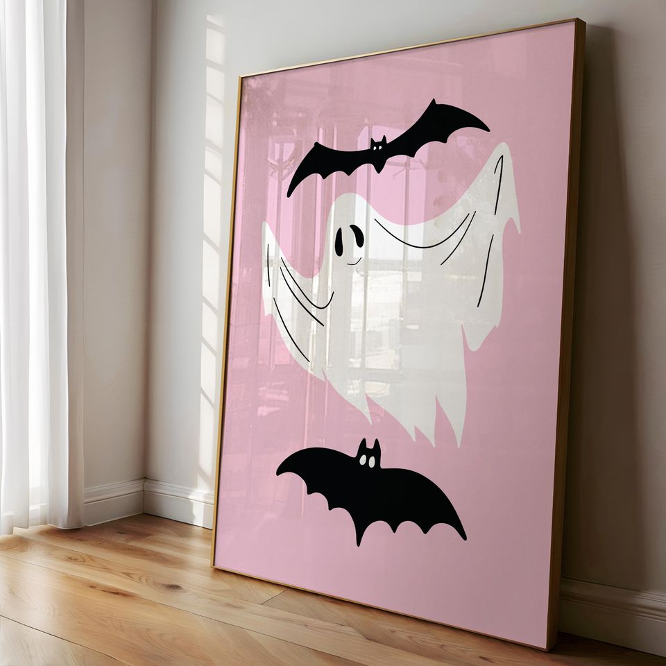 Pink Ghost Wall Art Print, Pinkoween Decor, Trendy Preppy Room Decor