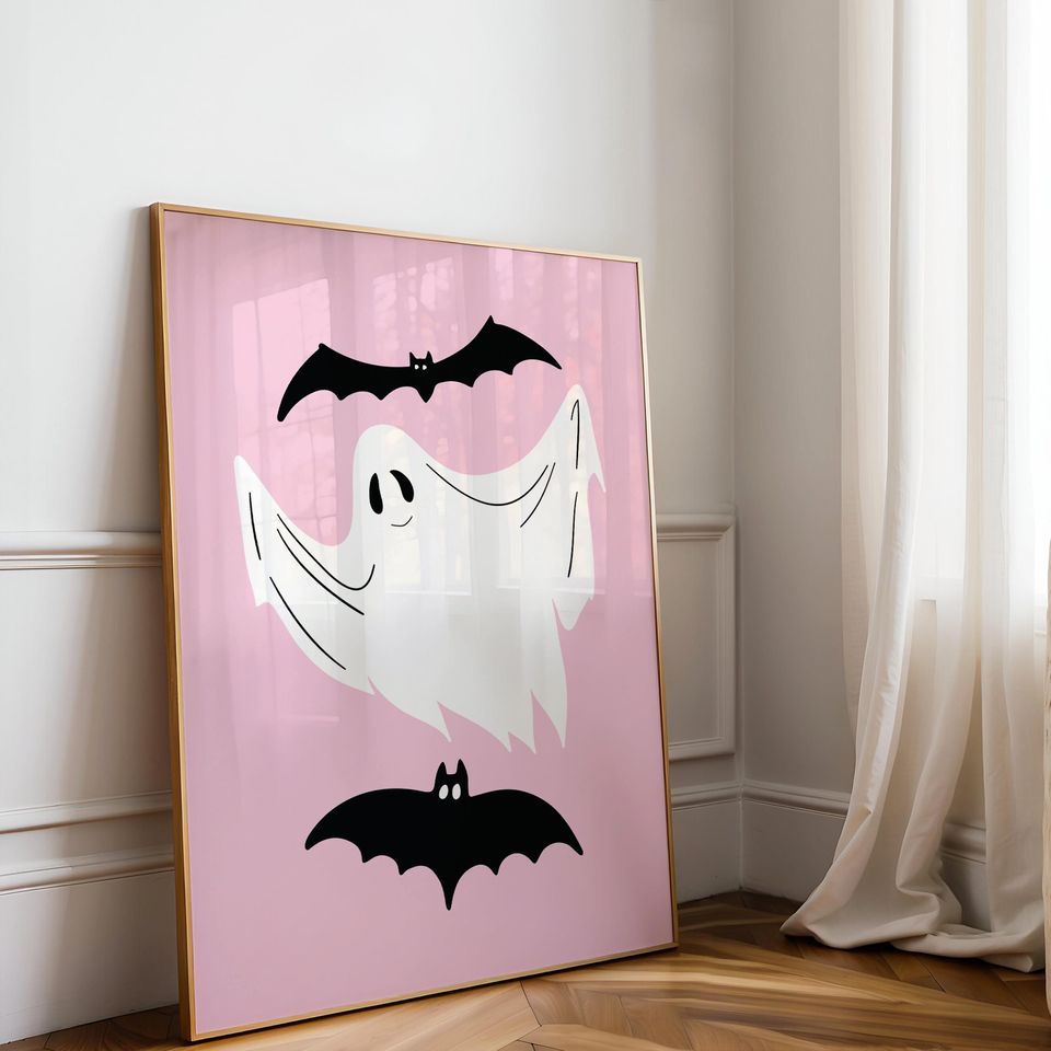 Pink Ghost Wall Art Print, Pinkoween Decor, Trendy Preppy Room Decor