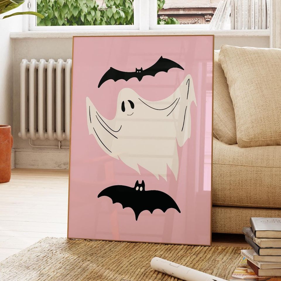 Pink Ghost Wall Art Print, Pinkoween Decor, Trendy Preppy Room Decor