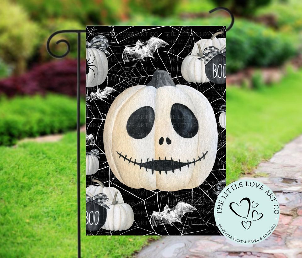 Spooky White Pumpkin Bats Garden Flag Sublimation Design