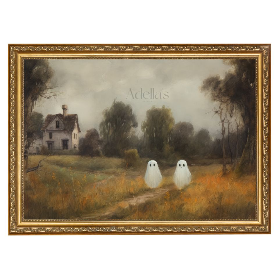 Cute Ghosts in Fall Meadow w/ Haunted House, Vintage Ghost Painting, Dark Academia