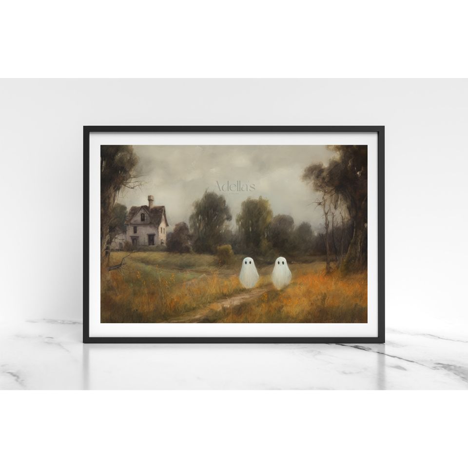 Cute Ghosts in Fall Meadow w/ Haunted House, Vintage Ghost Painting, Dark Academia