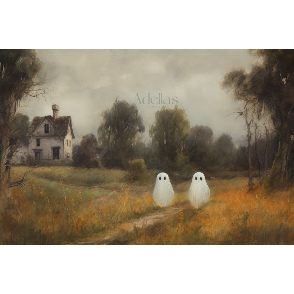Cute Ghosts in Fall Meadow w/ Haunted House, Vintage Ghost Painting, Dark Academia