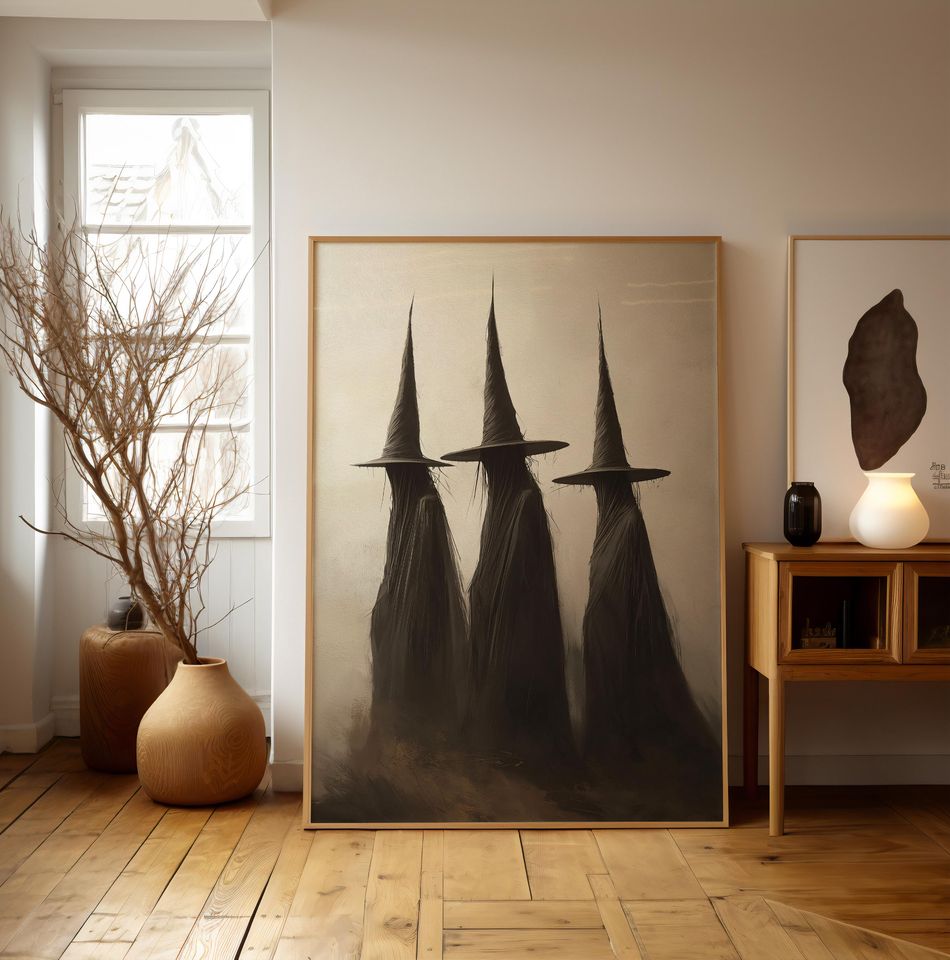 Trio Witch Wall Art, Halloween Decor Printable, Rustic Halloween Poster