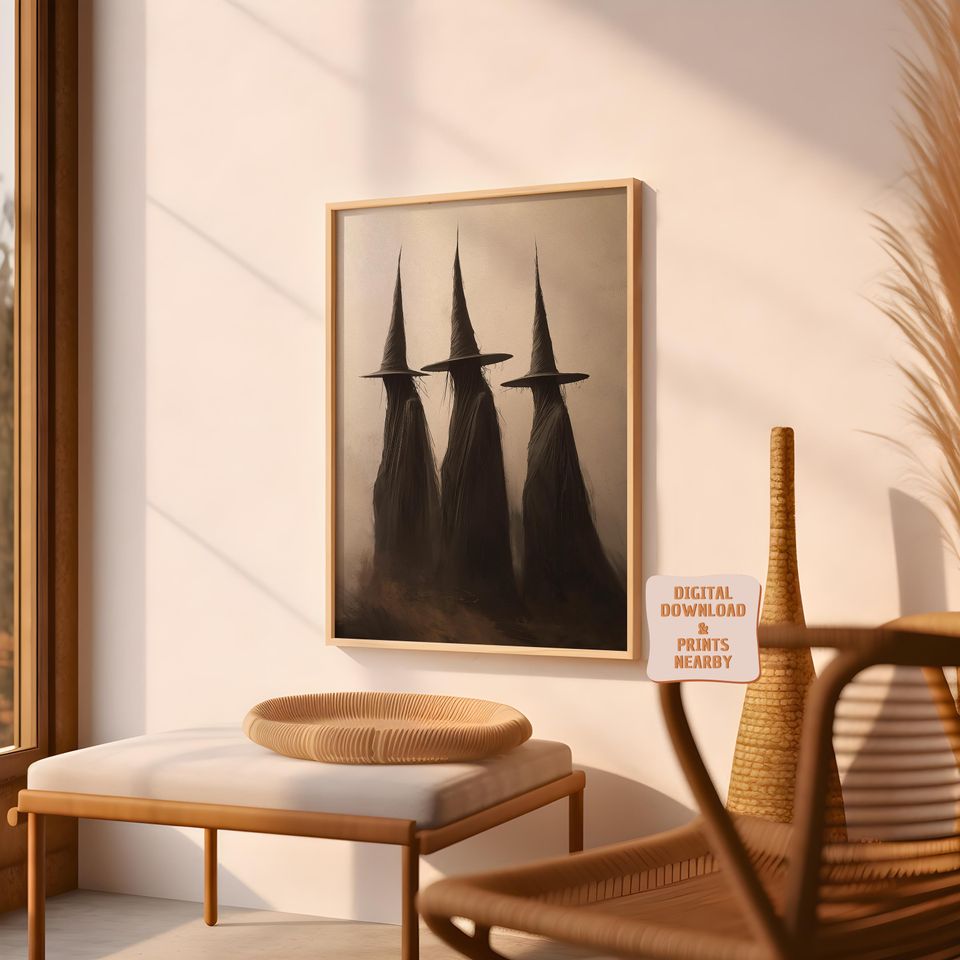 Trio Witch Wall Art, Halloween Decor Printable, Rustic Halloween Poster