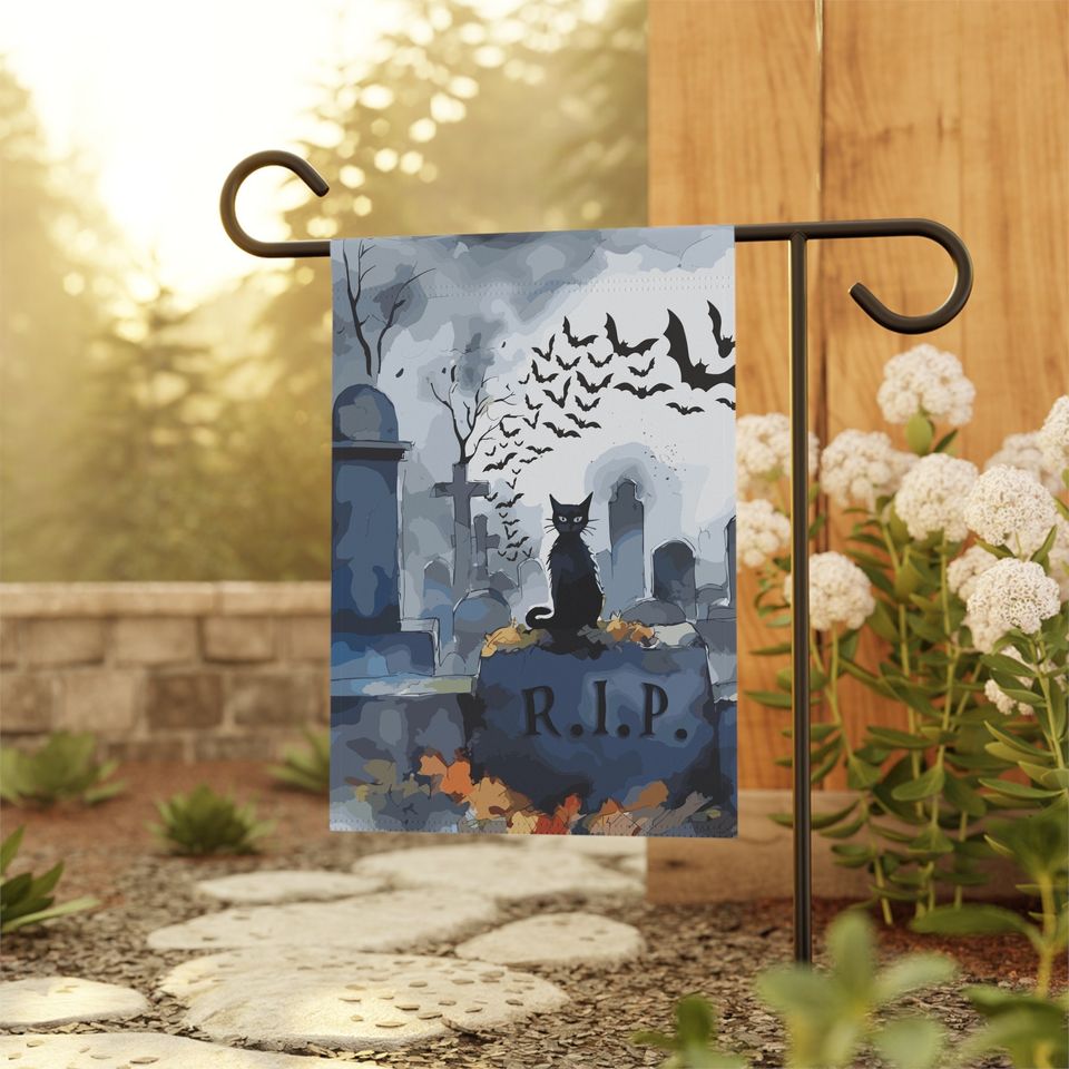 Graveyard Cat Welcome Flag | Happy Halloween Garden Flag