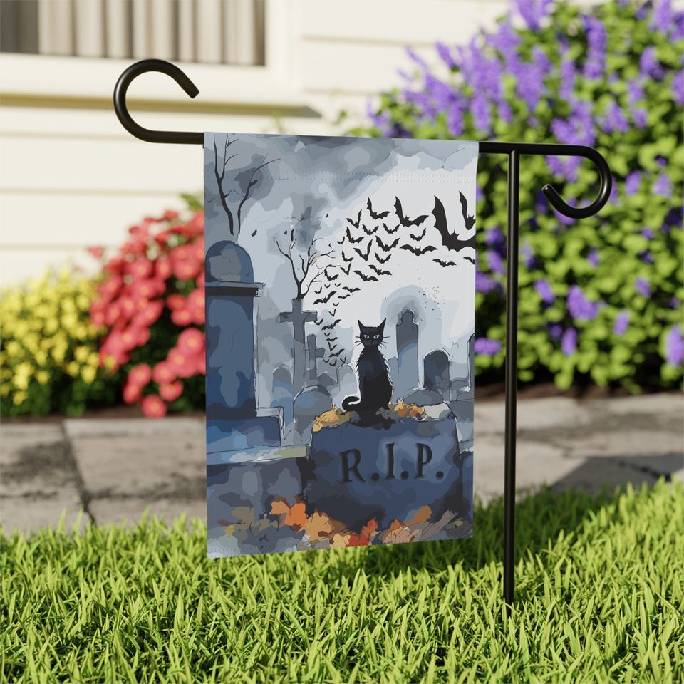 Graveyard Cat Welcome Flag | Happy Halloween Garden Flag