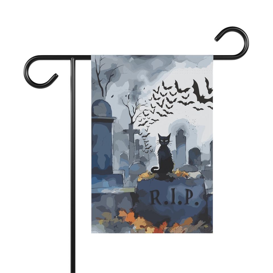 Graveyard Cat Welcome Flag | Happy Halloween Garden Flag