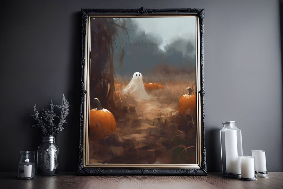Ghost In The Pumpkin Patch, Halloween Print, Vintage Poster, Art Poster Print