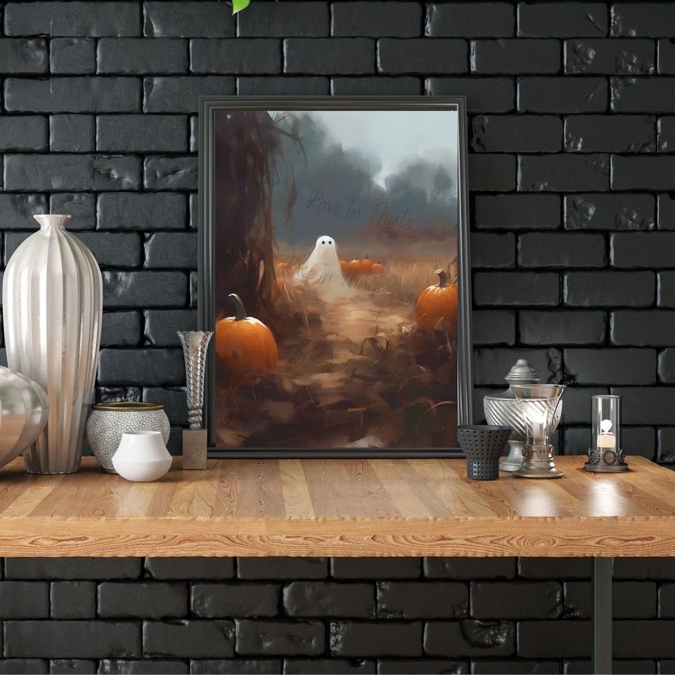 Ghost In The Pumpkin Patch, Halloween Print, Vintage Poster, Art Poster Print