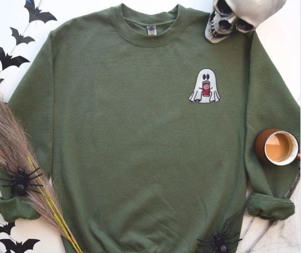 Embroidered Cute Ghost Dr. Pepper Sweatshirt Halloween Shirt Halloween