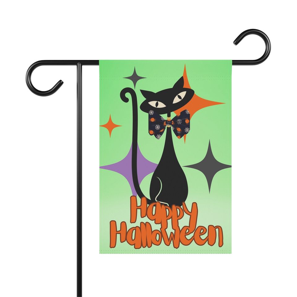 Halloween Garden Flag, Vintage Black Cat Flag, Atomic Cat Halloween Banner