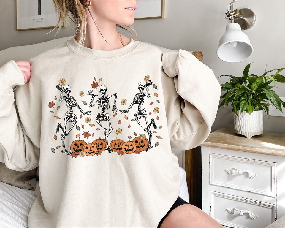 Dancing Skeleton Sweatshirt, Pumpkin Sweater, Pumpkin Skeleton Shirt