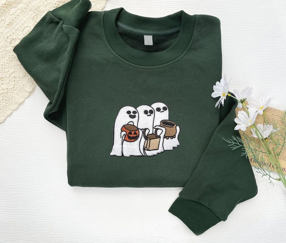 Embroidered Ghost Sweatshirt, Halloween Embroidered Sweatshirt