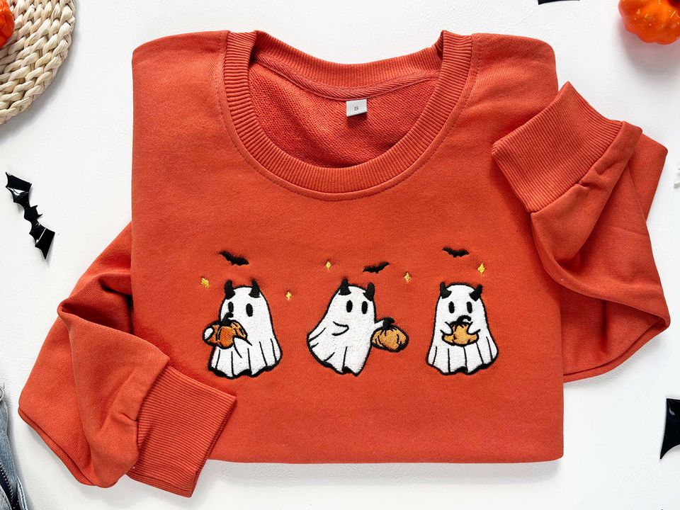 Embroidered Pumpkin Ghost Sweatshirt, Jack-o-Lantern Sweatshirt