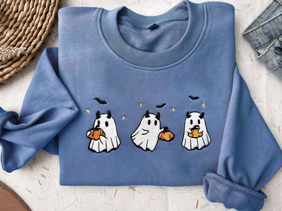 Embroidered Pumpkin Ghost Sweatshirt, Jack-o-Lantern Sweatshirt