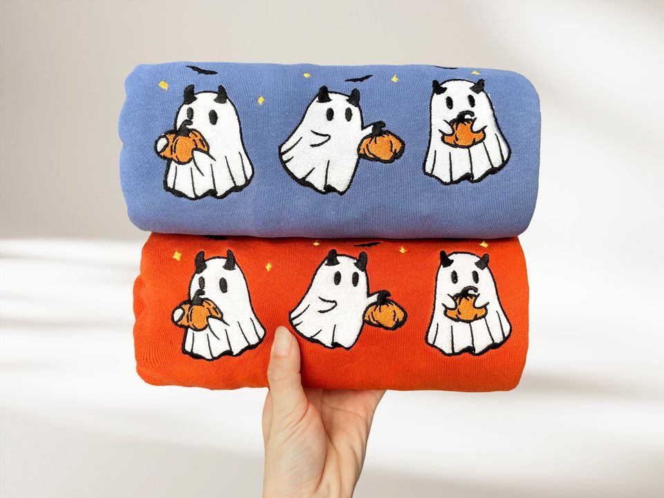 Embroidered Pumpkin Ghost Sweatshirt, Jack-o-Lantern Sweatshirt