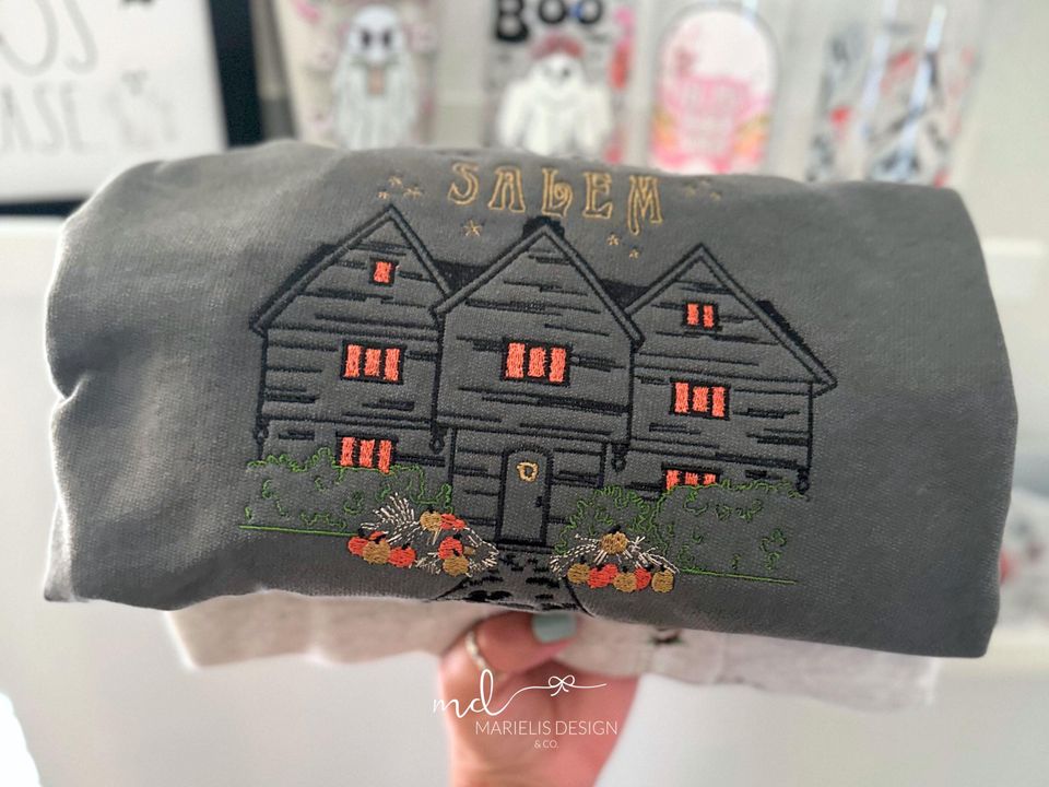 Halloween Salem Embroidered pullover, Fall Sweater, Halloween Sweatshirt
