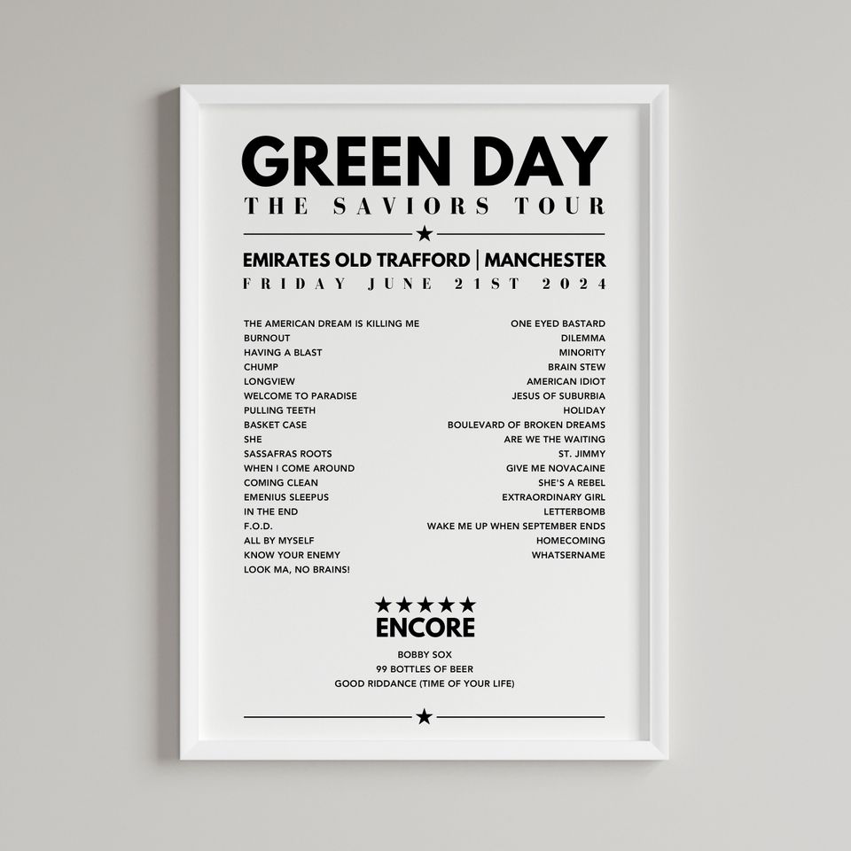 Green Day Setlist Poster - Emirates Old Trafford, Manchester, June 21st 2024 (ALL DATES COVERED)