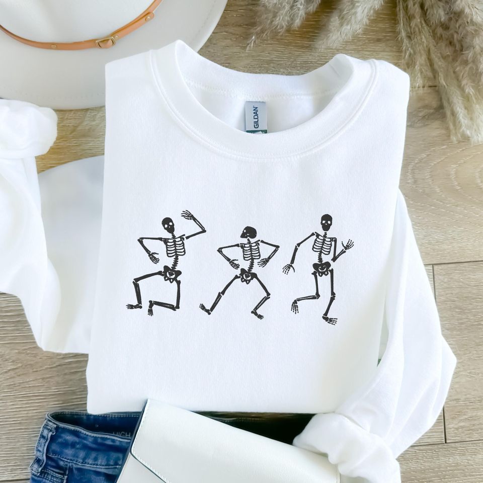 Halloween Skeleton Sweatshirt - Embroidered Dancing Skeleton Crewneck