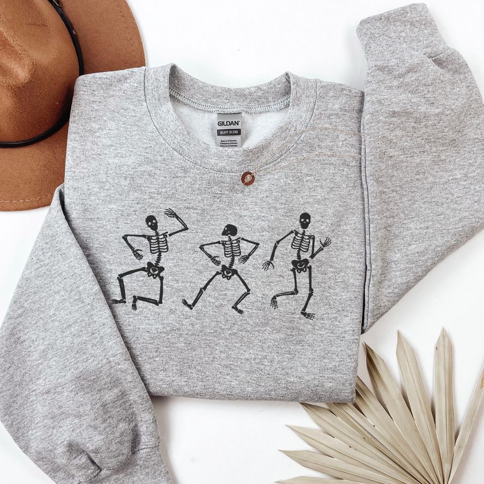 Halloween Skeleton Sweatshirt - Embroidered Dancing Skeleton Crewneck