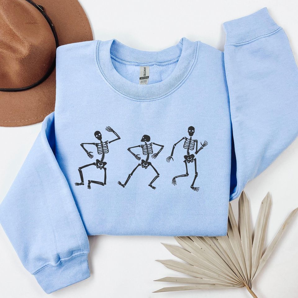 Halloween Skeleton Sweatshirt - Embroidered Dancing Skeleton Crewneck
