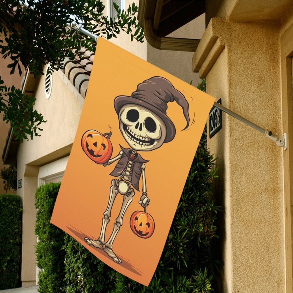 Skeleton Garden Flag, Fall Autumn Pumpkin Halloween Home Banner Spooky