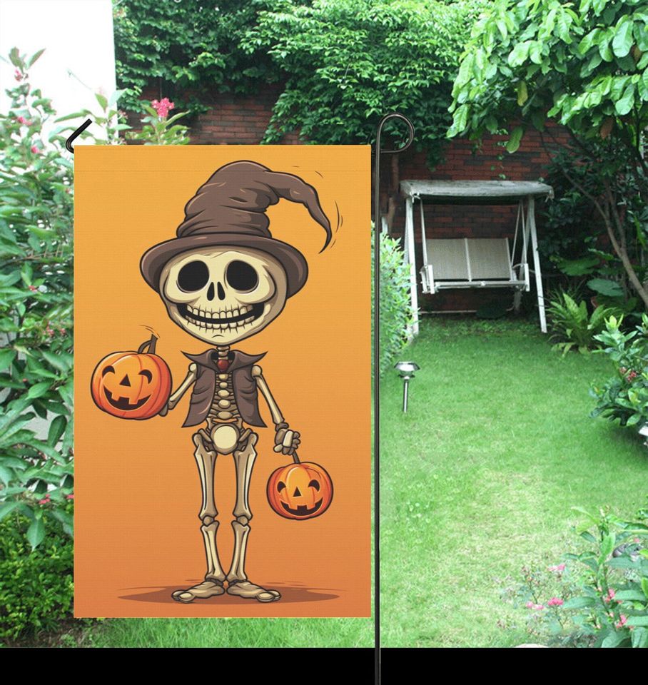 Skeleton Garden Flag, Fall Autumn Pumpkin Halloween Home Banner Spooky