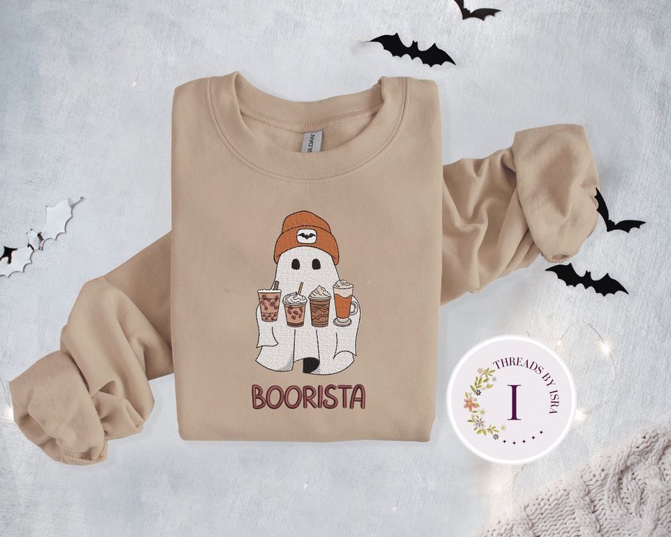 Embroidered Ghost Iced Coffee, Halloween Pullover, Coffee Lovers Gift Crewneck